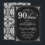 90th Birthday - Black and White Damask Invitation<br><div class="desc">90th Birthday Invitation.
Elegant vintage black and white design with damask pattern. Features script font. Cheers to 90 years! Can be personalized into any age! Message me if you need further customization.</div>
