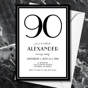 90th Birthday Black and White Modern Minimalist Invitation