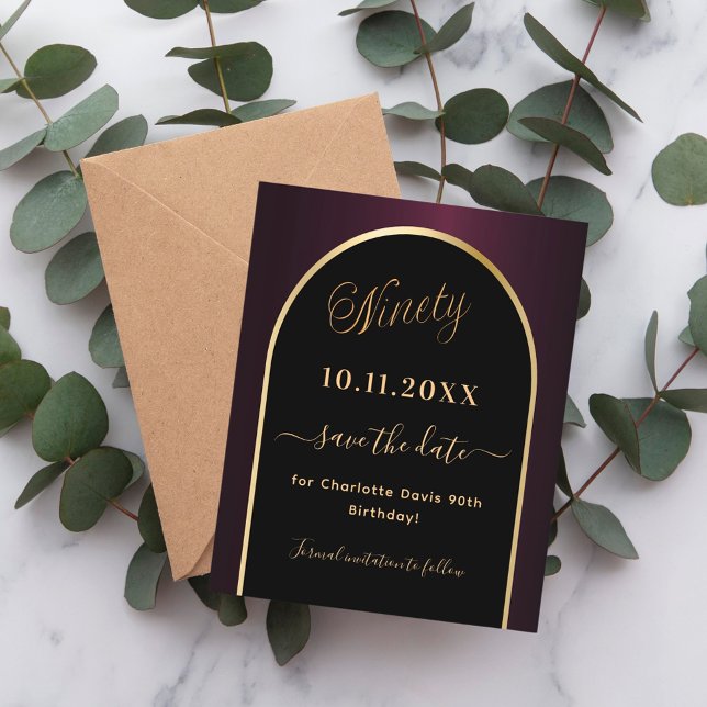 90th birthday black burgundy save the date card (Creator Uploaded)