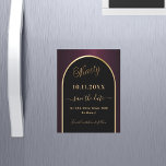 90th birthday black burgundy Save the Date magnet<br><div class="desc">A magnetic Save the Date card for a 90th birthday party.  A black and burgundy background,  decorated with a faux gold arch. Personalise and add a date and your name. The text: Ninety and Save the Date is written with a large trendy hand lettered style script.</div>