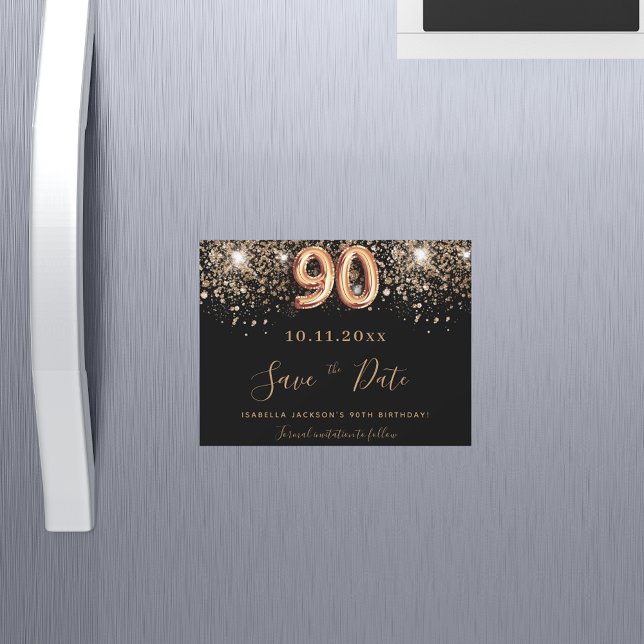 90th birthday black glitter save the date magnet (Creator Uploaded)