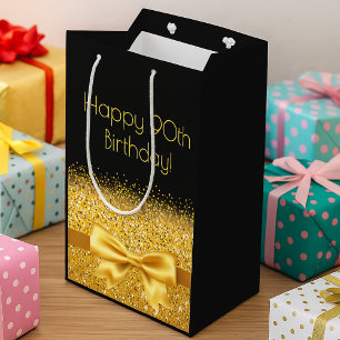 90th birthday black gold bow sparkle medium gift bag