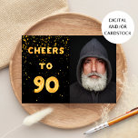 90th birthday black gold cheers photo invitation<br><div class="desc">A trendy 90th birthday party invitation. With the text: Cheers to 90 on front written with faux gold balloon letters. Black background. With golden confetti.  Template for your photo.  
Add your event details on back.  White letters,  black background.</div>