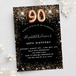 90th birthday black gold glitter sparkles invitation<br><div class="desc">A modern,  stylish and glamourous invitation for a 90th birthday party.  A black background decorated with faux gold glitter,  sparkles. The name is written with a modern hand lettered style script.  Personalise and add your party details.  Number 90 is written with a balloon style font,  script.</div>