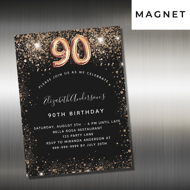 90th birthday black gold glitter sparkles luxury magnetic invitation (Creator Uploaded)