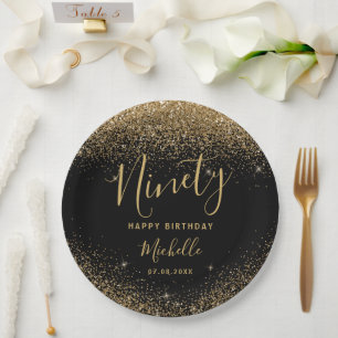 90th Birthday Black Gold Glitter Sparkles Name Paper Plate