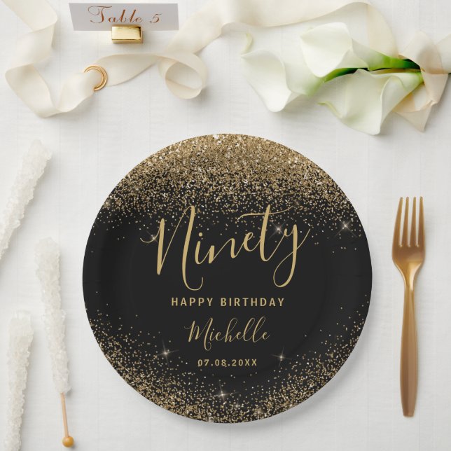 90th Birthday Black Gold Glitter Sparkles Name Paper Plate (Wedding)