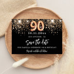 90th birthday black gold glitter sparkles save the date<br><div class="desc">A girly and trendy Save the Date for a 90th birthday party. A black background decorated with faux gold glitter. Personalise and add a date and name,  text.   The text: Save the Date is written with a large trendy hand lettered style script.</div>