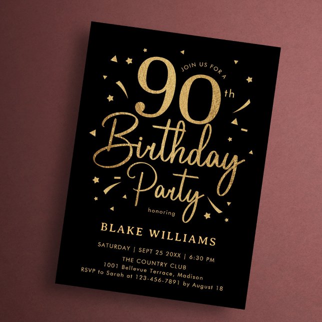 90th Birthday Black Gold Invitation (Creator Uploaded)