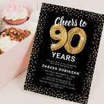 90th Birthday Black Gold Invitation<br><div class="desc">Elegant ninetieth birthday party invitation featuring a stylish black background that can be changed to any colour,  gold sparkly glitter,  ninety gold hellium balloons,  and a modern 90th birthday celebration text template that is easy to personalise.</div>