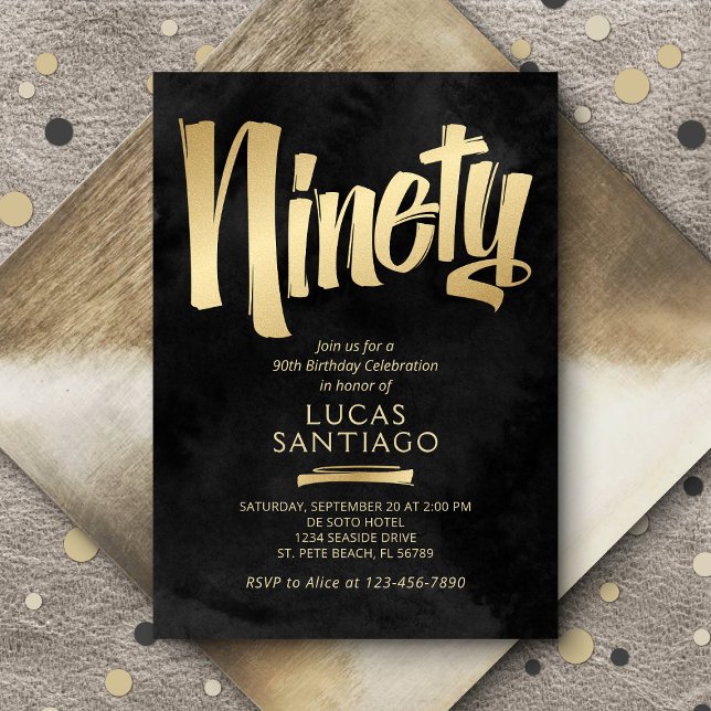 90th Birthday Black Gold Invitation (Creator Uploaded)