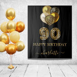 90th birthday black gold leopard name script tapestry<br><div class="desc">A tapestry for a glamourous 90th birthday party. A black background, decorated with balloons. With the text: Happy Birthday. Personalise and add a name. The name is written in dark rose gold with a modern hand lettered style script with swashes. Number 90 is written with a trendy balloon style font,...</div>