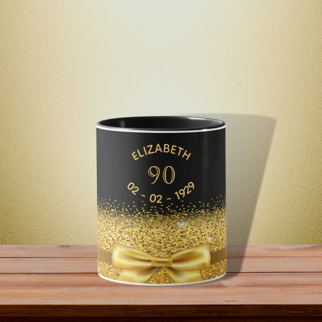 90th birthday black gold name classic elegant bow mug (Creator Uploaded)