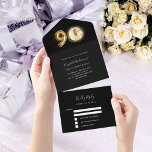 90th birthday black gold photo rsvp all in one invitation<br><div class="desc">A black background,  decorated with a large number 90 in faux gold.  Personalise and add a photo,  name,  party details,  RSVP date,  return address and name.</div>