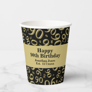 90th Birthday Black/Gold Random Number Pattern 90 Paper Cups