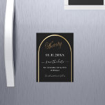 90th birthday black gold Save the Date magnet<br><div class="desc">A magnetic Save the Date card for a 90th birthday party.  A black background,  decorated with a faux gold arch. Personalise and add a date and your name. The text: Ninety and Save the Date is written with a large trendy hand lettered style script.</div>