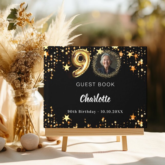 90th Birthday black gold stars photo Guest Book (Creator Uploaded)