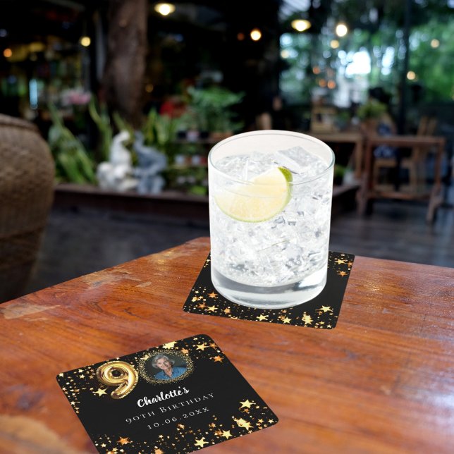 90th birthday black gold stars photo square paper coaster (Creator Uploaded)