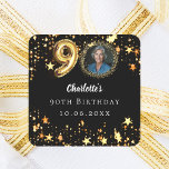 90th birthday black gold stars photo square sticker<br><div class="desc">Black background, decorated with golden stars. Personalise and add a photo, name, age, date. Celebrate in Style – 90th Birthday Black & Gold Photo stickers Add a personal touch to your milestone celebration with these elegant 90th birthday stickers. Featuring a stylish black background, gold stars, and space for your favourite...</div>