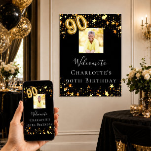 90th birthday black gold stars photo welcome poster