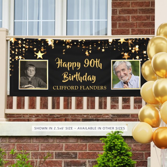 90th Birthday Black Gold Stars Photos Personalised Banner (Creator Uploaded)