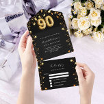 90th birthday black gold stars rsvp all in one invitation<br><div class="desc">A black background,  decorated with golden stars and a large number 90 in faux gold.  Personalise and add a name,  party details,  RSVP date,  return address and name.</div>