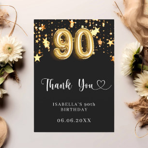 90th birthday black gold stars thank you card