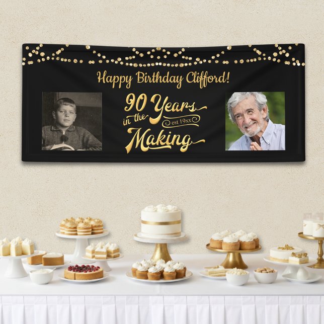 90th Birthday Black Gold String Lights Retro Photo Banner (Creator Uploaded)