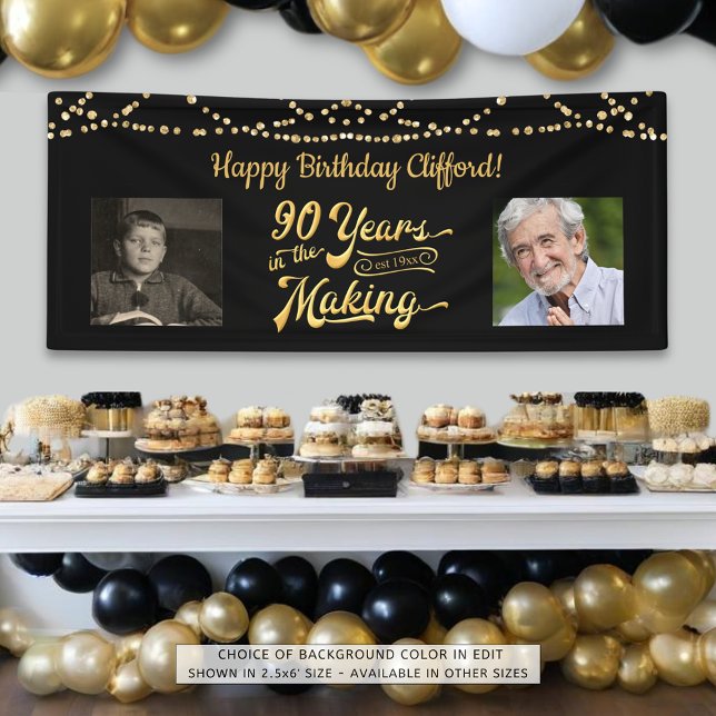 90th Birthday Black Gold String Lights Retro Photo Banner (Creator Uploaded)