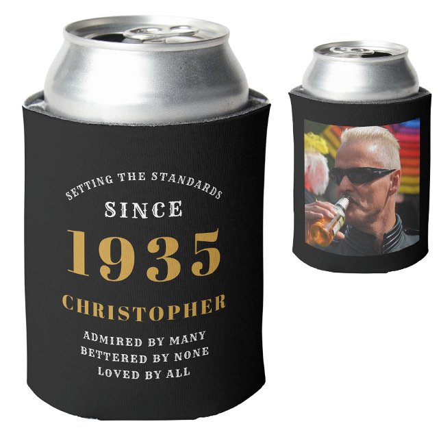 90th Birthday Black Gold With Photo Can Cooler (90th birthday personalized can cooler with name and photograph)