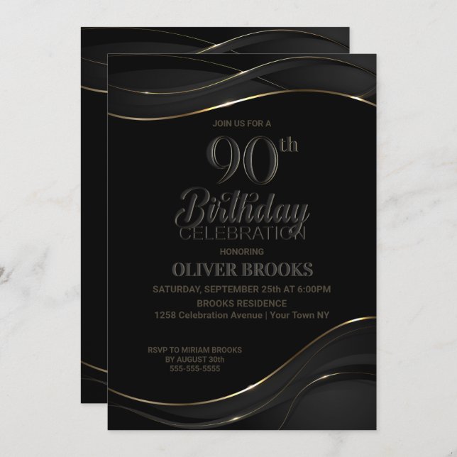 90th Birthday Black Grey Party Invitation (Front/Back)