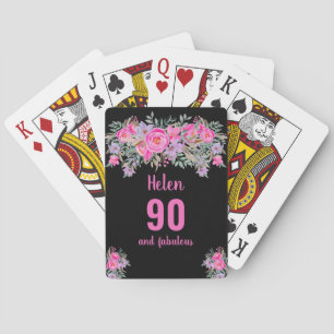 90th birthday black pink floral playing cards