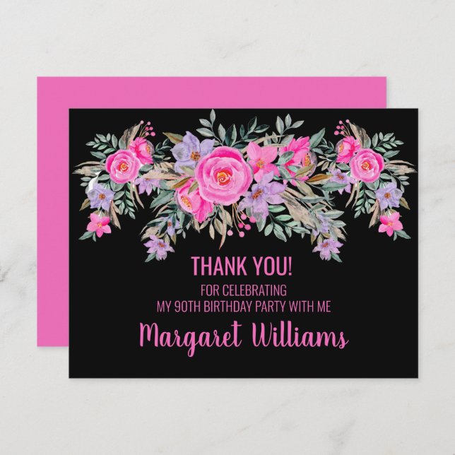 90th birthday black pink floral thank you card (Front/Back)