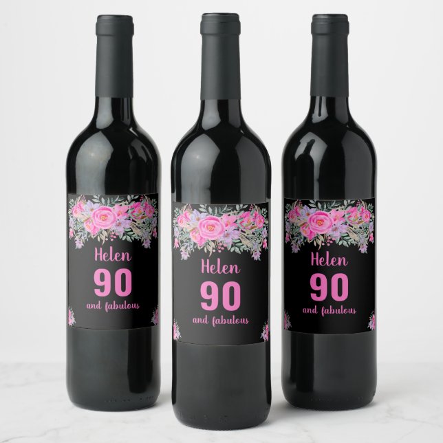 90th birthday black pink floral wine label (Bottles)