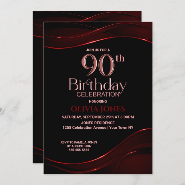 90th Birthday Black Red Party Invitation (Front/Back)
