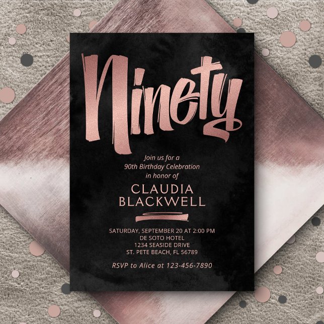 90th Birthday Black Rose Gold Invitation (Creator Uploaded)