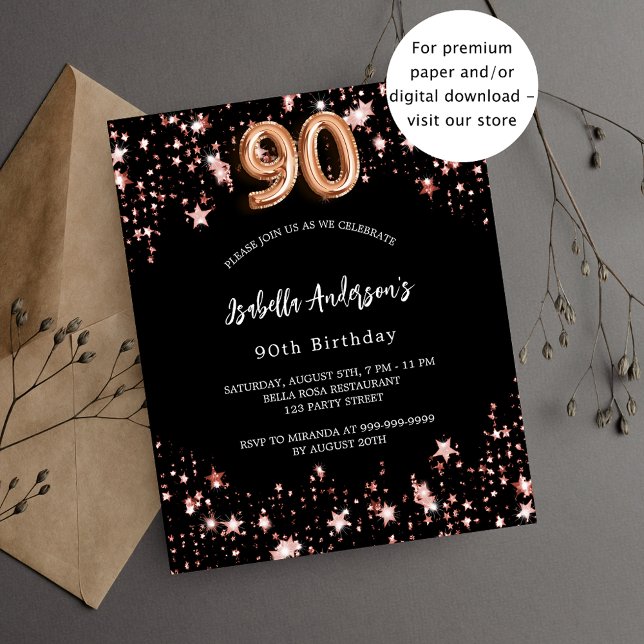 90th birthday black rose gold invitation (Creator Uploaded)