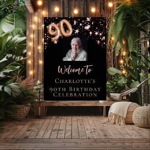 90th Birthday black rose gold photo star welcome Poster