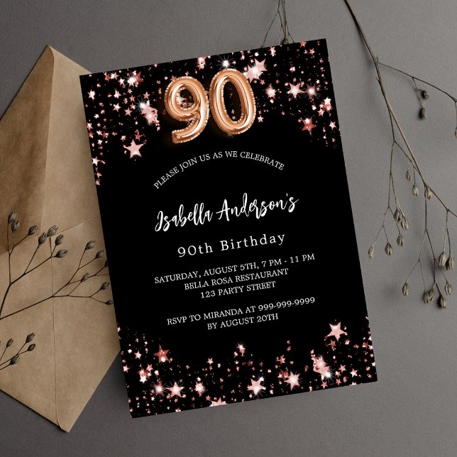 90th birthday black rose gold stars luxury invitation (Creator Uploaded)
