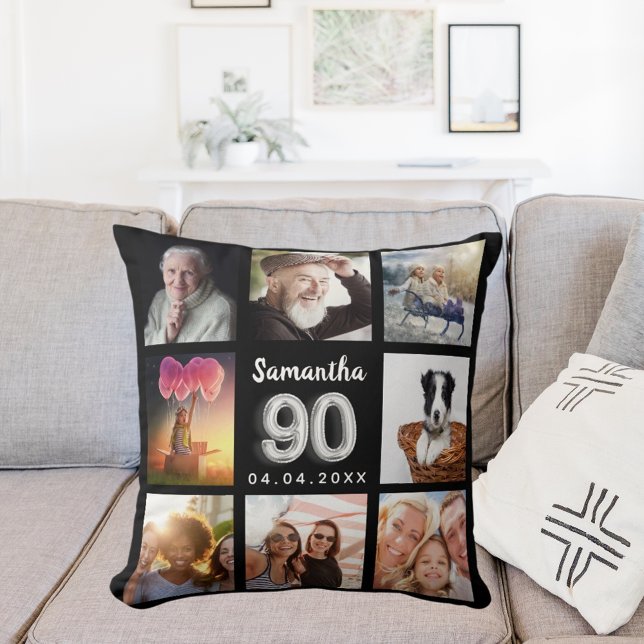 90th birthday black silver photo collage cushion (Creator Uploaded)