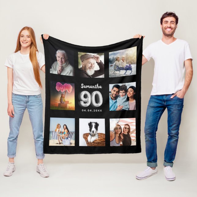 90th birthday black silver photo collage name fleece blanket (In Situ)