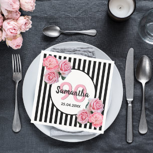 90th birthday black stripes pink florals classic napkin