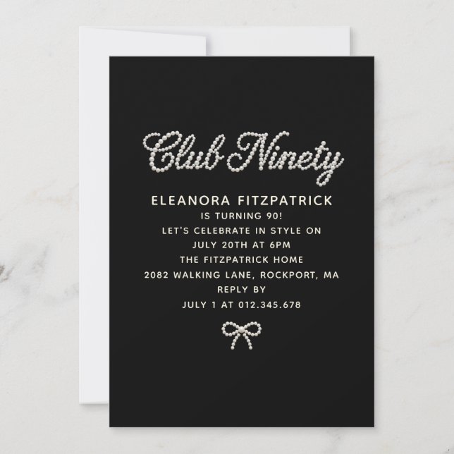 90th Birthday Black White Pearl Script Bow Invitation (Front)