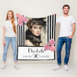 90th birthday black white stripes floral photo fleece blanket<br><div class="desc">Elegant,  glamourous and feminine gift for a 90th birthday. Classic and chic slim black and white vertical stripes.  Decorated with pink flowers,  peonies and roses. Templates for a name,  age 90,  date of birth and the date of the anniversary. Template for your own vertical photo.  Girly and elegant!</div>