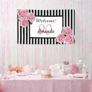 90th birthday black white stripes florals banner