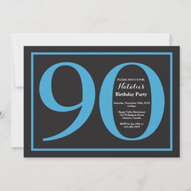 90th Birthday Blue and Black Chalkboard Invitation (Front)