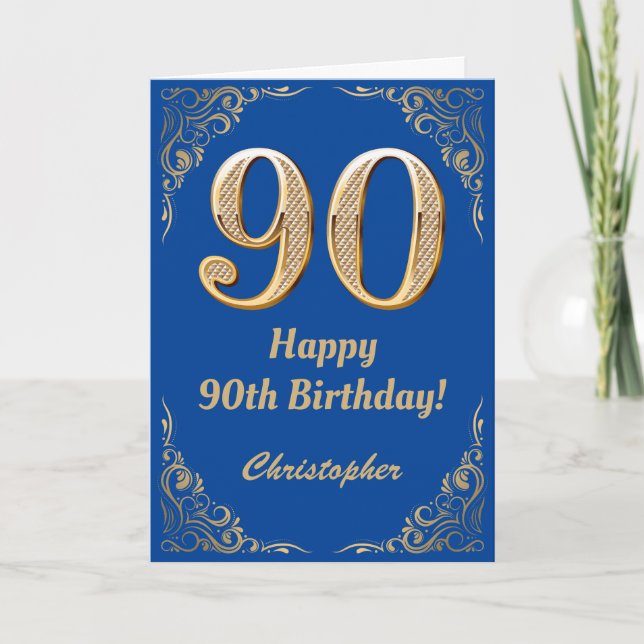 90th Birthday Blue and Gold Glitter Frame Card (Front)