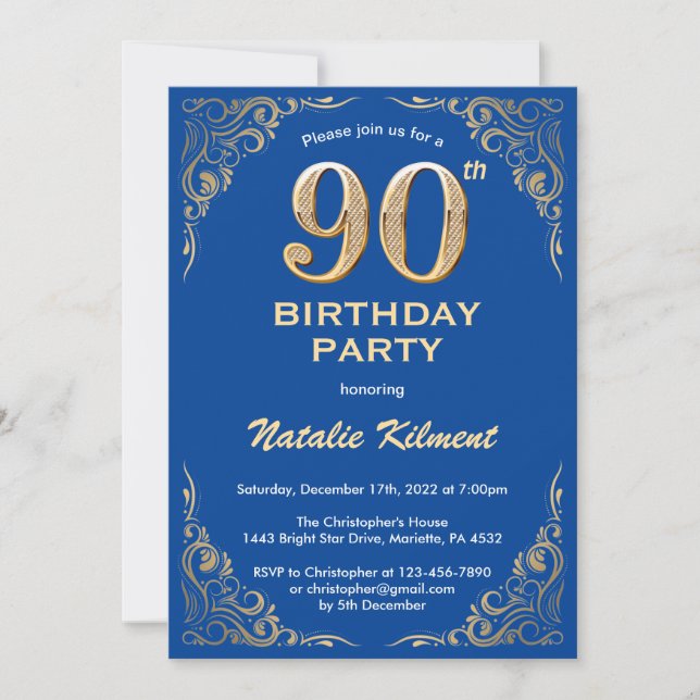 90th Birthday Blue and Gold Glitter Frame Invitation (Front)