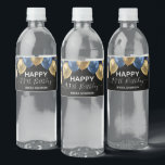 90th Birthday Blue Gold Balloons Water Bottle Label<br><div class="desc">Elegant faux blue and gold glitter balloons on the top border. All text is adjustable and easy to change for your own party needs. any year,  age can be changed</div>