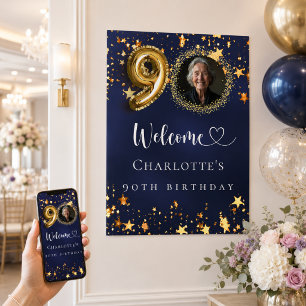 90th Birthday blue gold stars photo welcome Poster